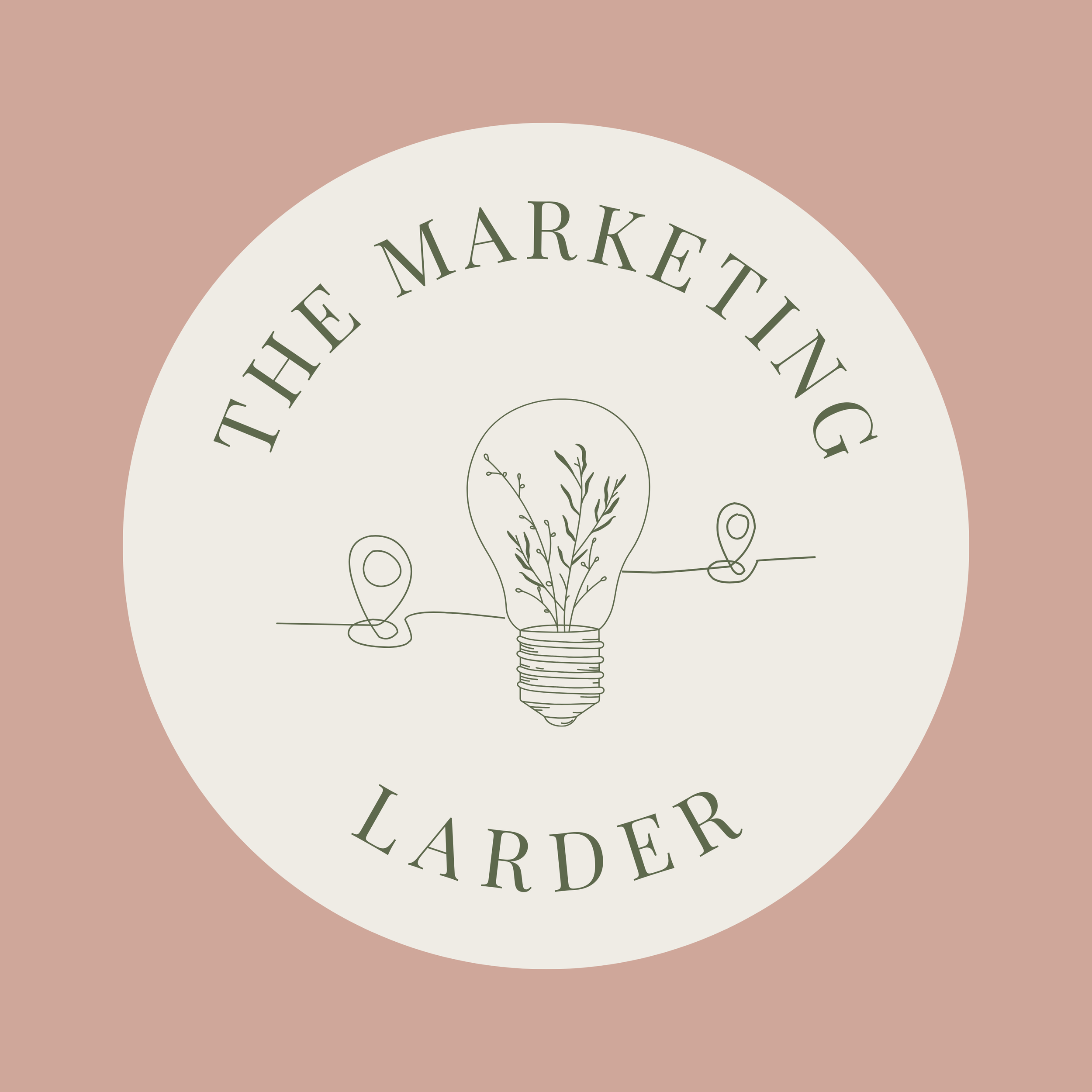 A circular logo with the text 'The Marketing Larder' in a curved position around the top and 'Larder' at the bottom. The center features a lightbulb with botanical elements inside, and two small location pins connected by a line, against a two-tone pink background.