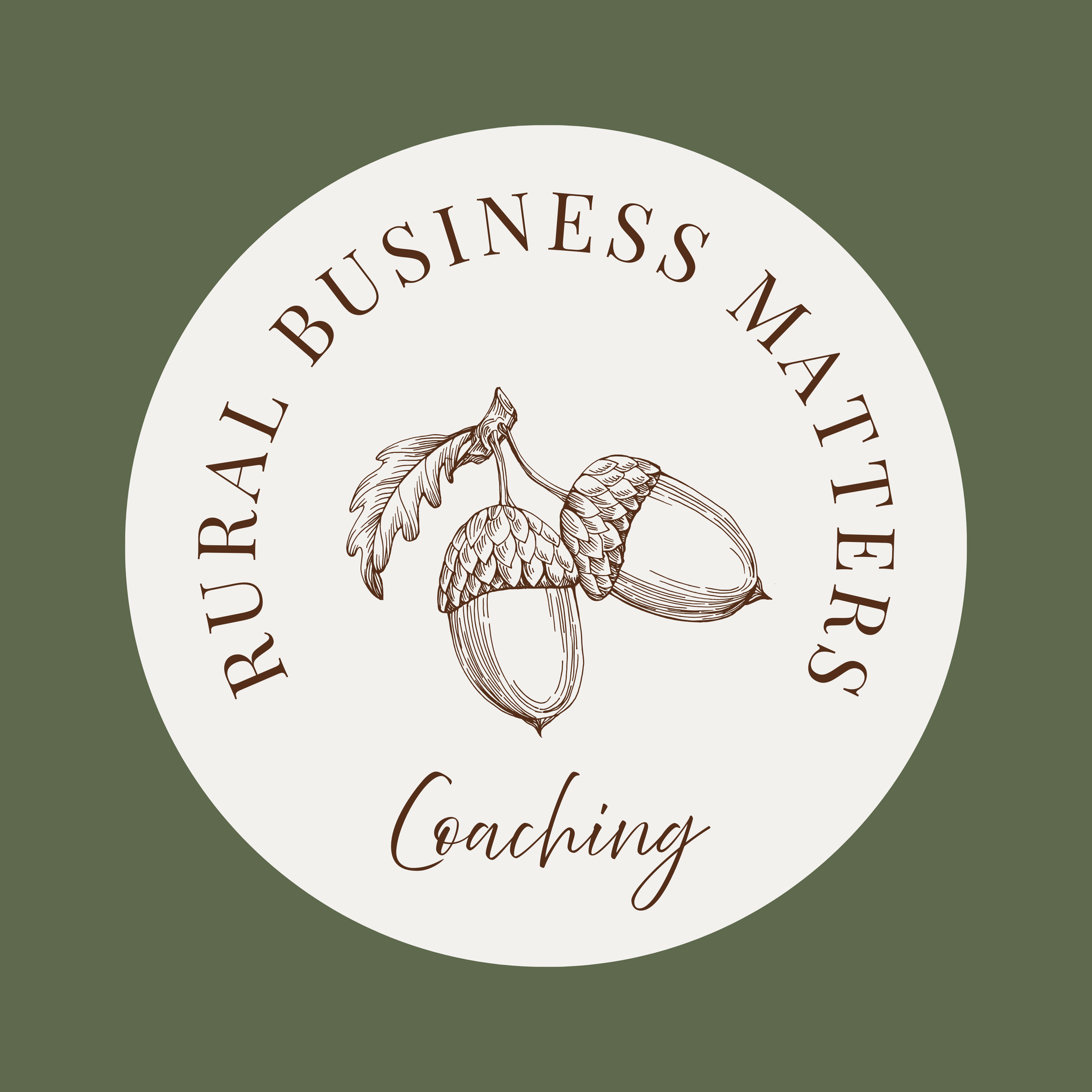 Logo for Rural Business Matters Coaching featuring an illustration of an acorn hanging from a branch with leaves, on a circular background.