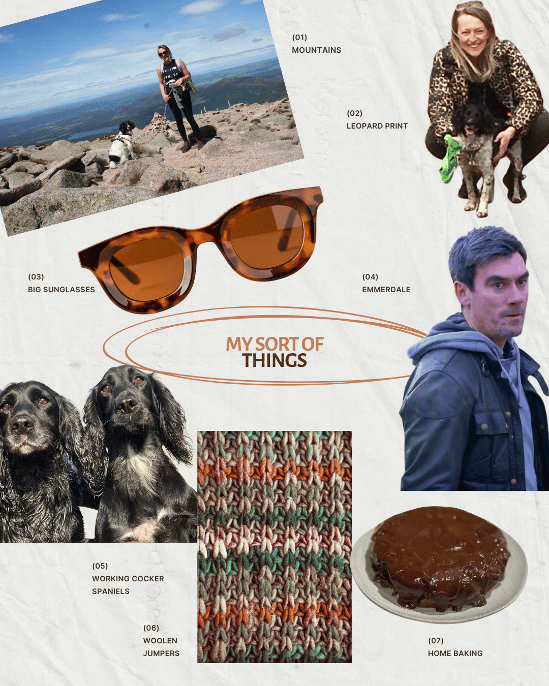 a collage featuring ‘my sorts of things’, including Cain Dingle, mountains, big sunglasses and home baking