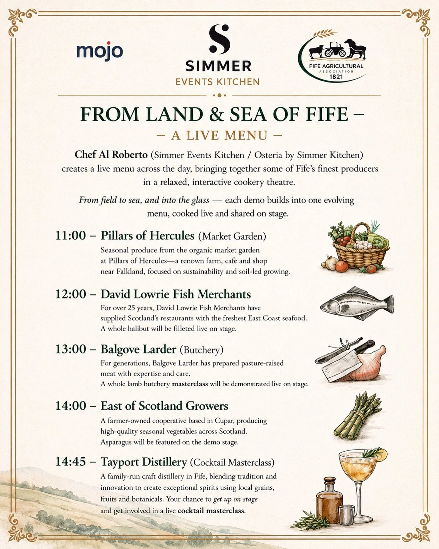We&rsquo;re incredibly excited to be hosting the Food Theatre tomorrow at the Fife Show alongside the brilliant Chef Al Roberto from Simmer Events Kitchen 🍴

Throughout the day, Chef Al will be working with some of Fife&rsquo;s finest local producer
