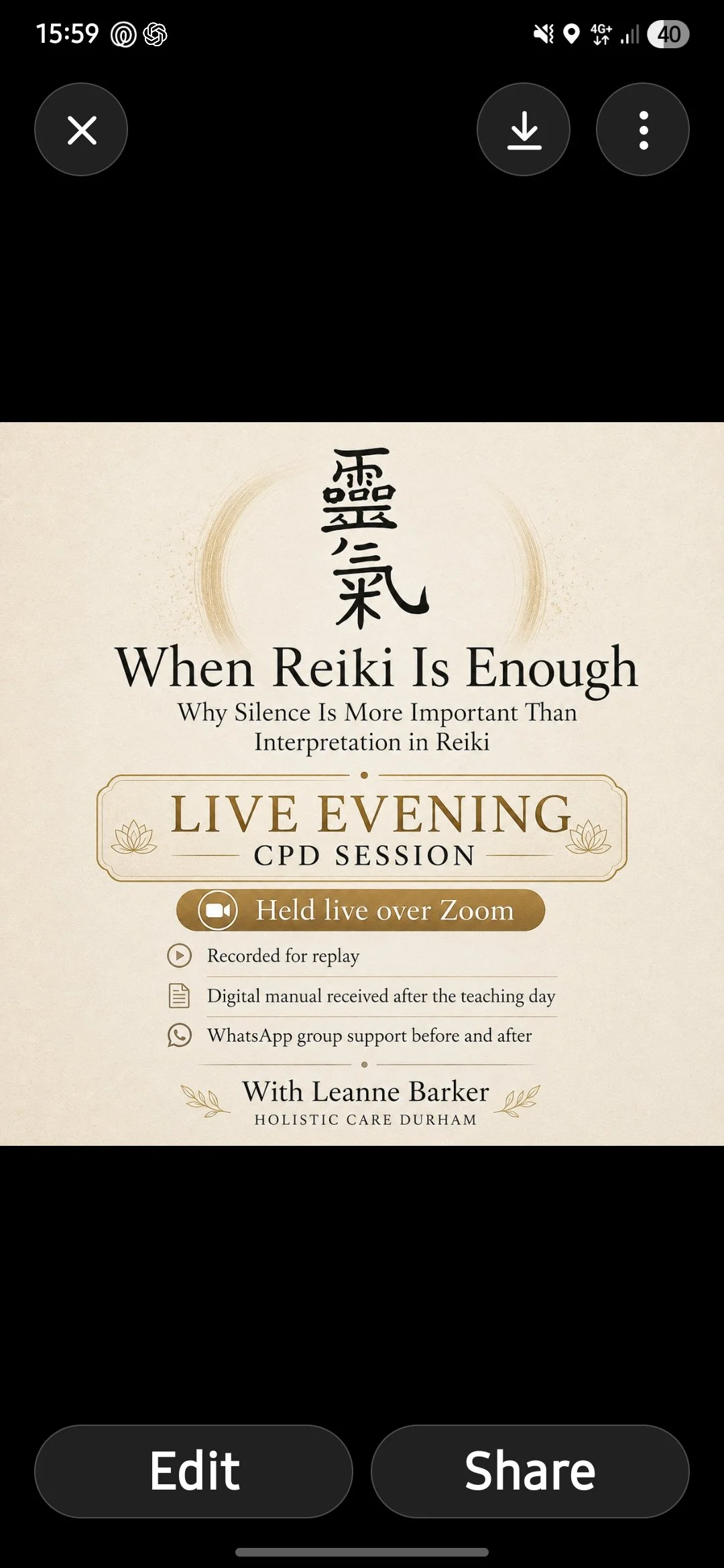 When Reiki Is Enough CPD Evening 23rd July 6.15-9.15pm + Manual
