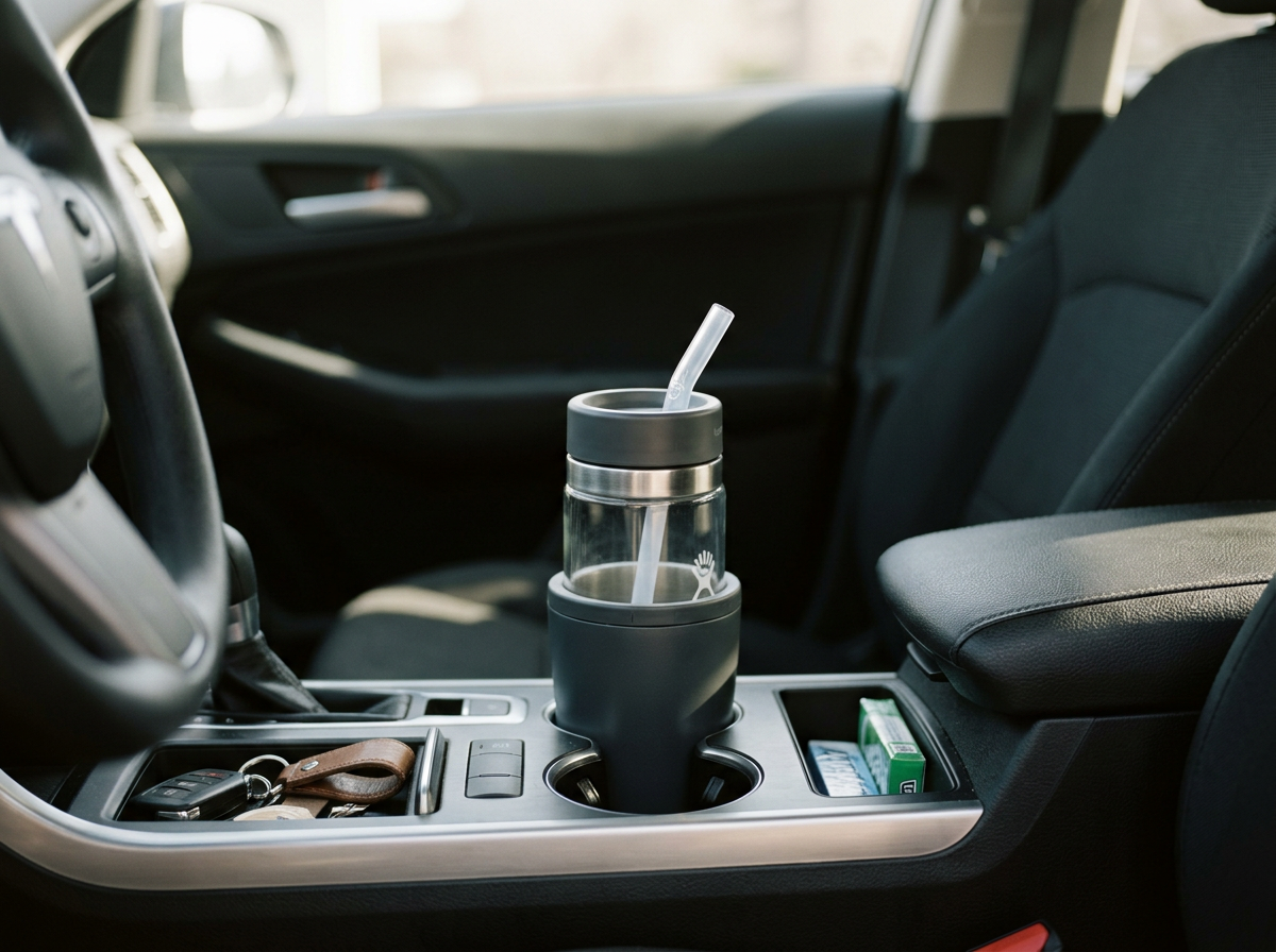 Water bottle and straw ready for a vocal warm-up in the car