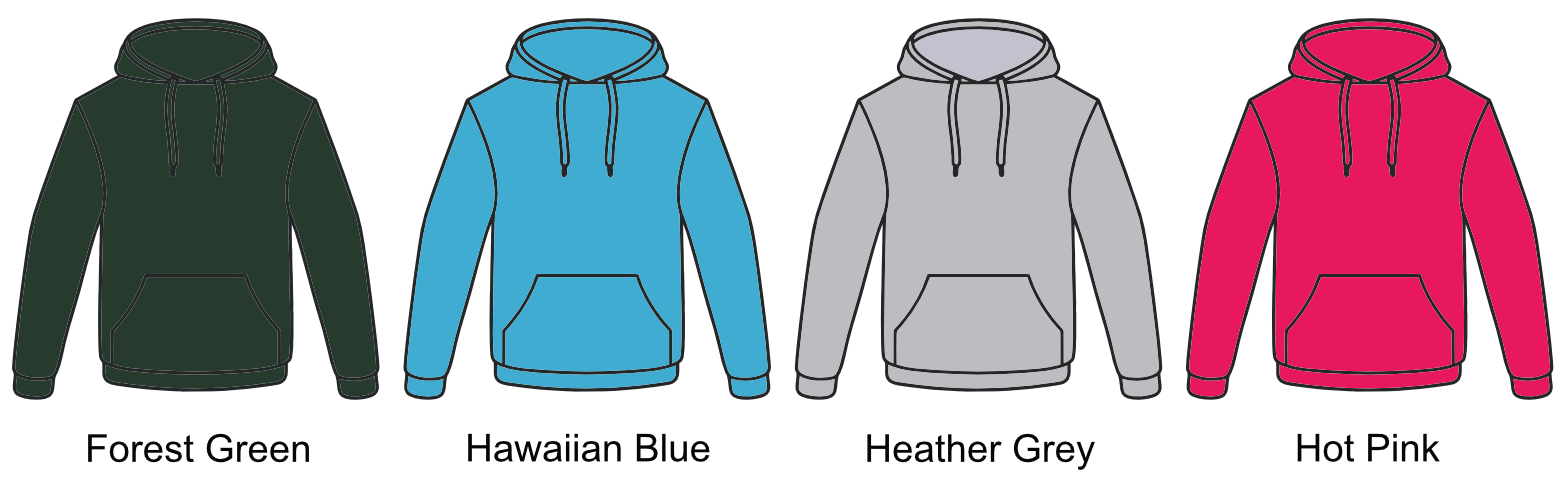 Four hoodies in different colors: forest green, Hawaiian blue, heather grey, and hot pink, arranged side by side.