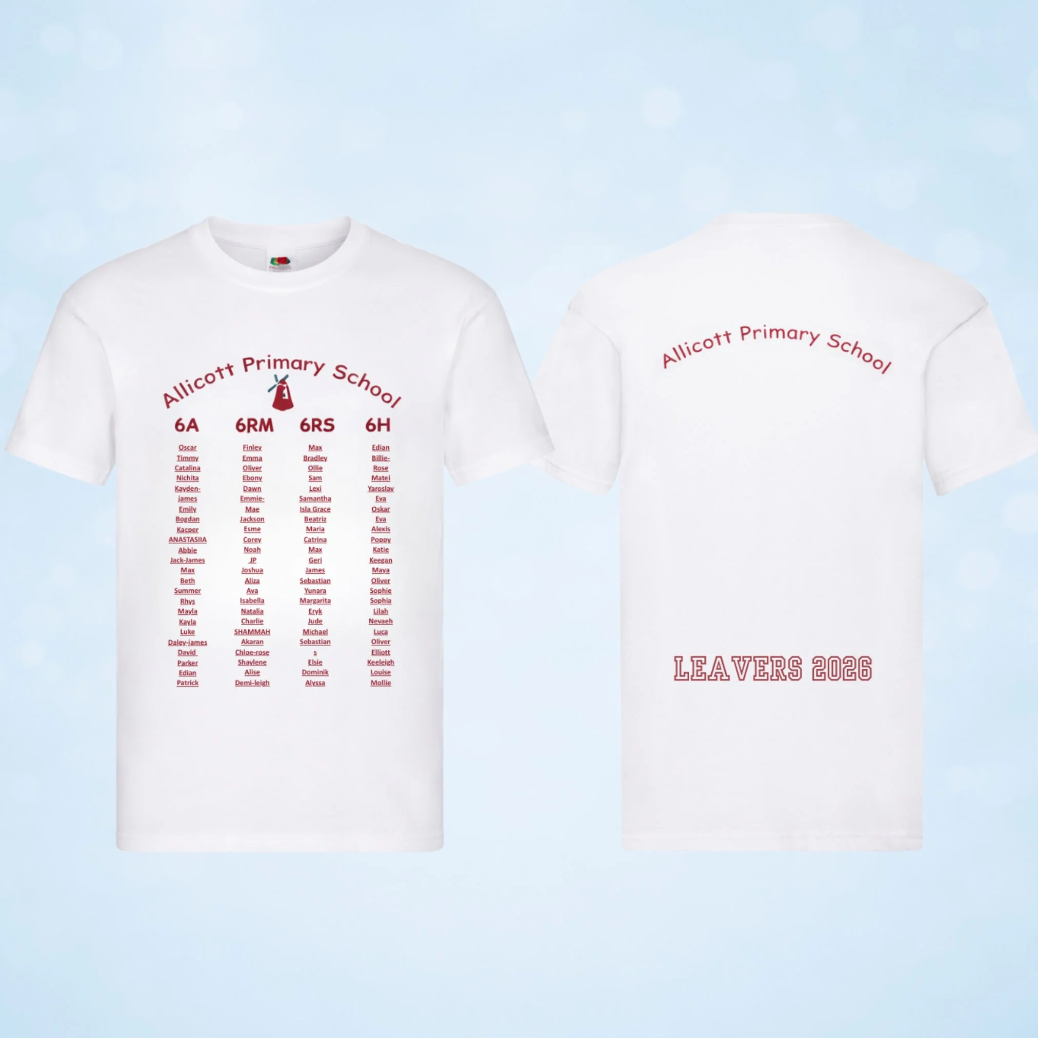 white school leavers t-shirt with class roll printed in red on the front and "leavers 2026" printed on the back