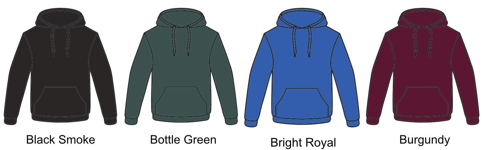 Four hoodies in different colors: black smoke, bottle green, bright royal, and burgundy, displayed side by side.