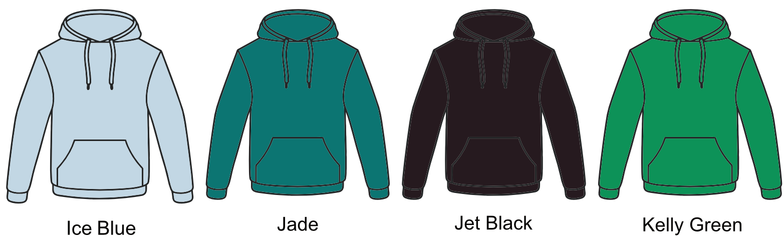 Four hooded sweatshirts in different colors: Ice Blue, Jade, Jet Black, and Kelly Green, each with a front pocket and drawstrings.