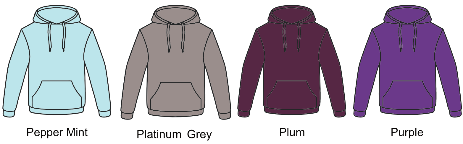 Four hooded sweatshirts in different colors, from left to right: Pepper Mint, Platinum Grey, Plum, and Purple.