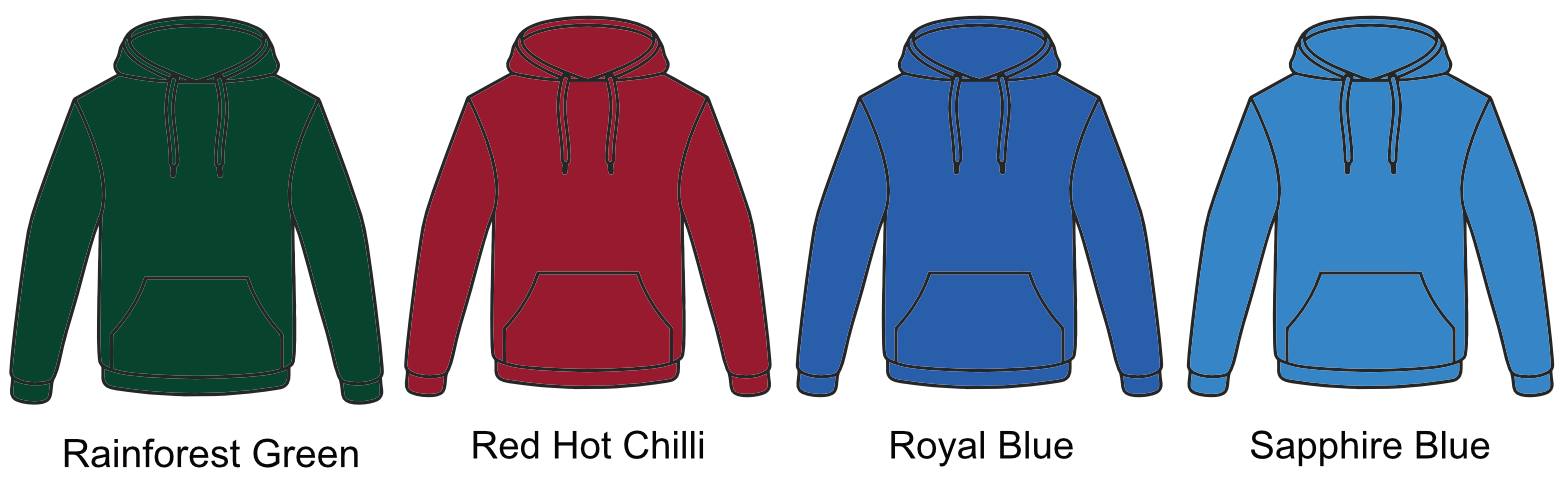 Four hooded sweatshirts in different colors: rainforest green, red hot chili, royal blue, and sapphire blue.