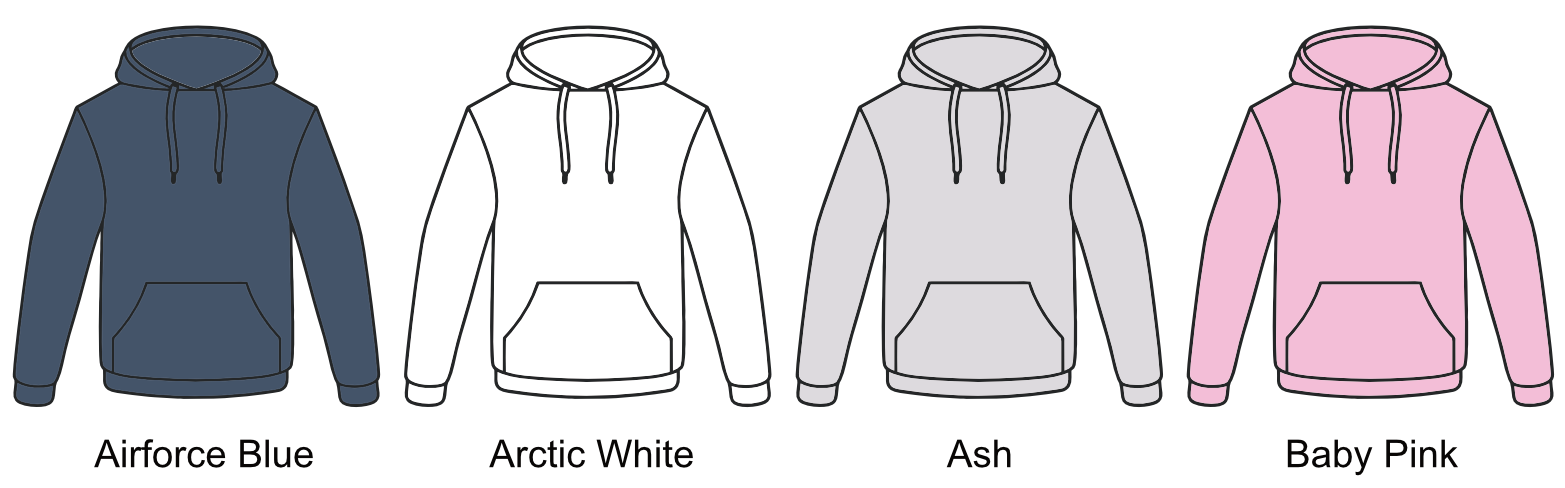 Four hooded sweatshirts in different colors: Airforce Blue, Arctic White, Ash, and Baby Pink.