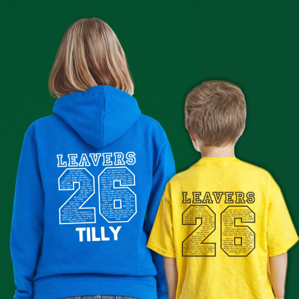A girl wearing a blue hoodie with words "leavers 2026" on the back stands next to a younger boy with yellow t-shirt with the same wording on his back.