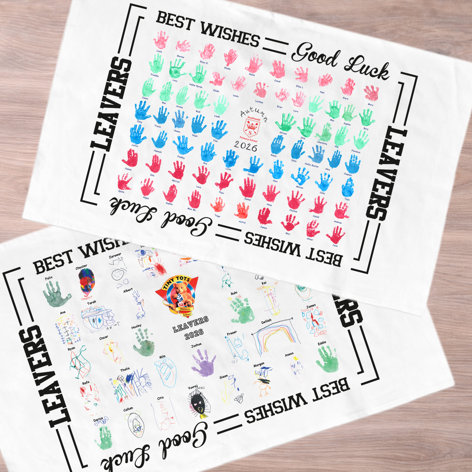 A white tea towel with a school leavers border in black and childrens artwork printed within the border. A school leavers gift or keepsake