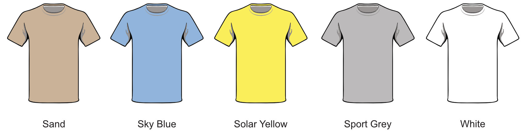 A lineup of five t-shirts in different colors: Sand, Sky Blue, Solar Yellow, Sport Grey, and White.