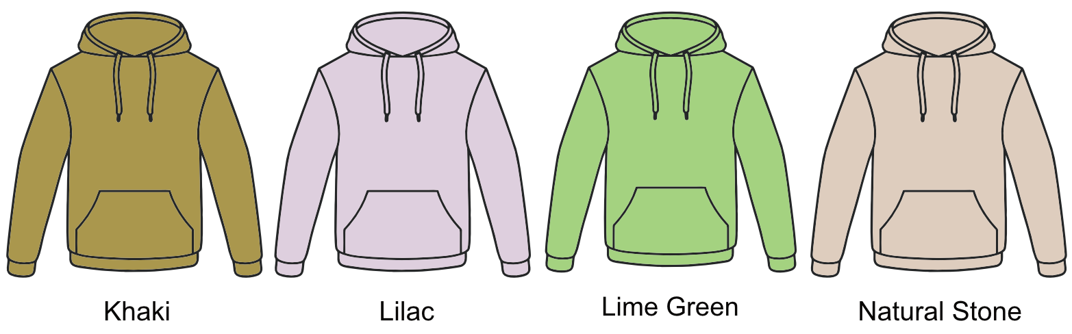 Four hoodies in a row in different colors: khaki, lilac, lime green, and natural stone, each with a front pouch pocket and drawstrings.