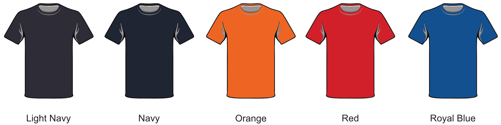 Five T-shirts in different colors: Light Navy, Navy, Orange, Red, and Royal Blue, arranged horizontally.