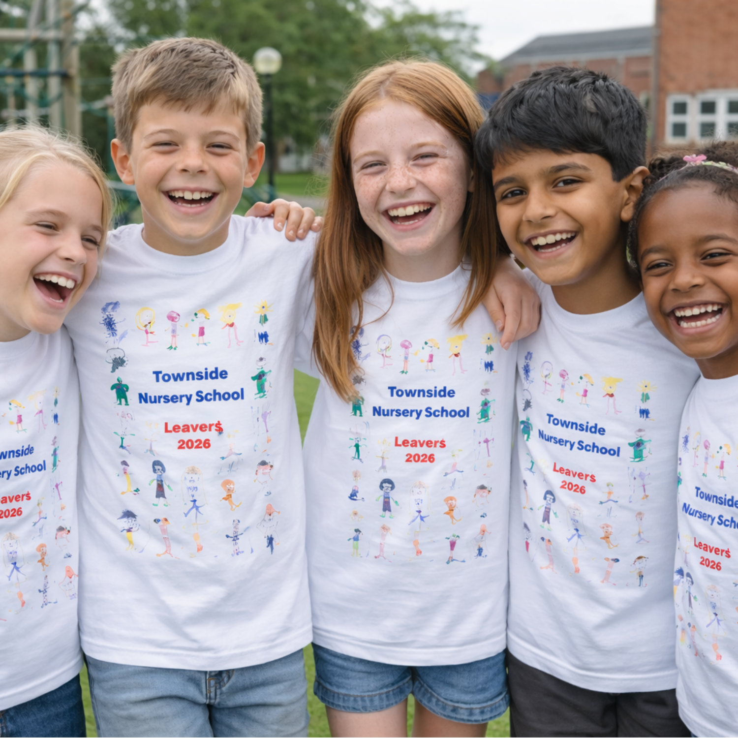 a group of school children wearing white leavers t-shirts with their hand drawn, self portraits printed on the front