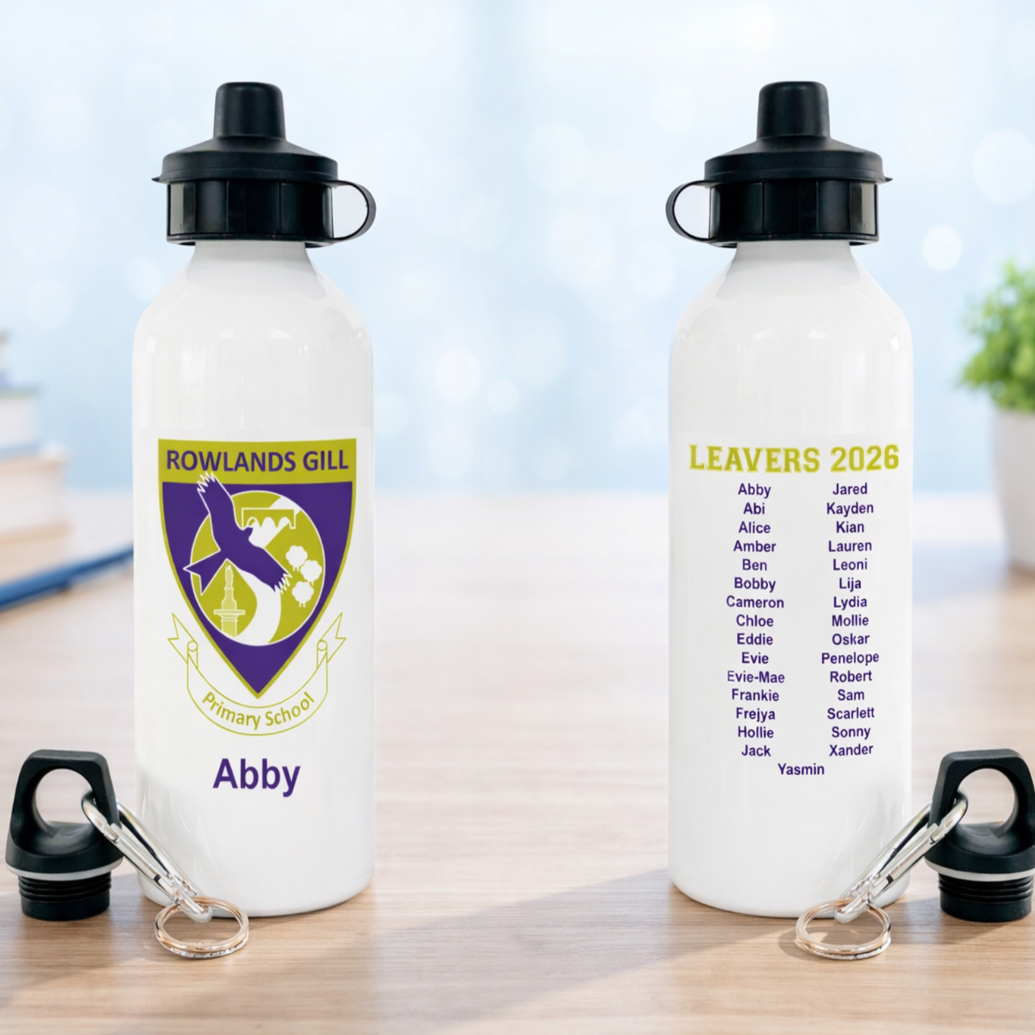 White school leavers water bottle, printed with class roll and school logo