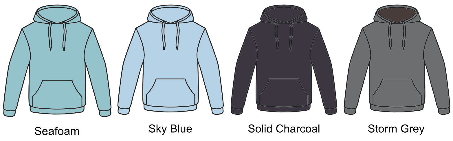 Four hooded sweatshirts in different colors: seafoam, sky blue, solid charcoal, and storm grey, shown in a row with color labels underneath.