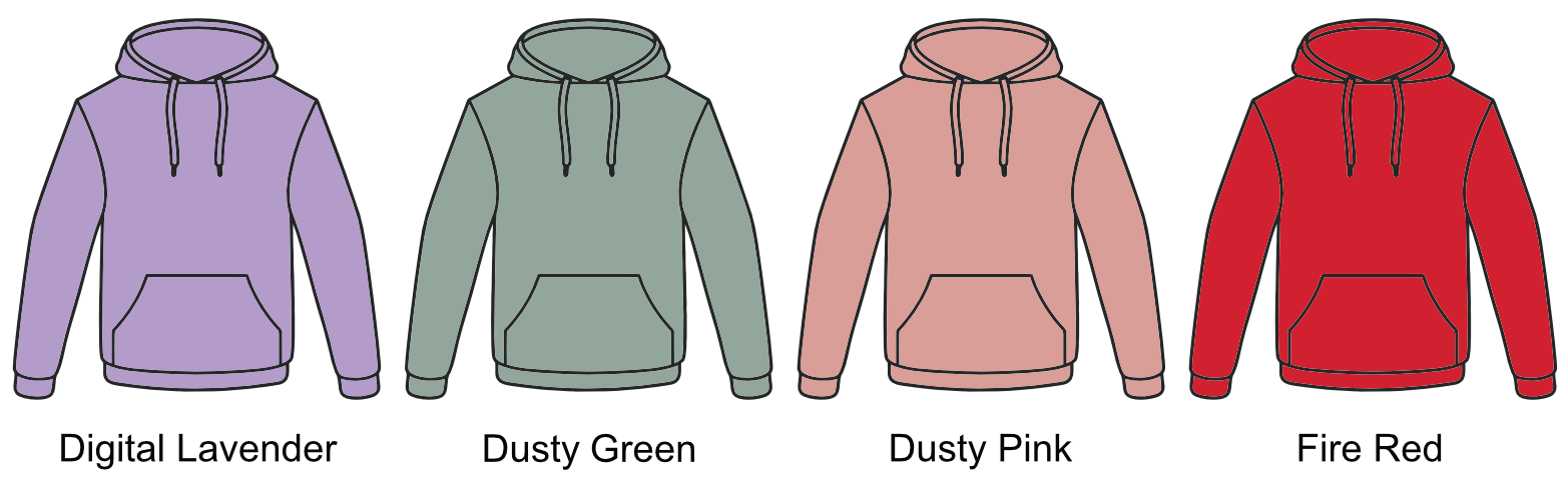 Four hoodies in different colors: Digital Lavender, Dusty Green, Dusty Pink, and Fire Red, arranged side by side.