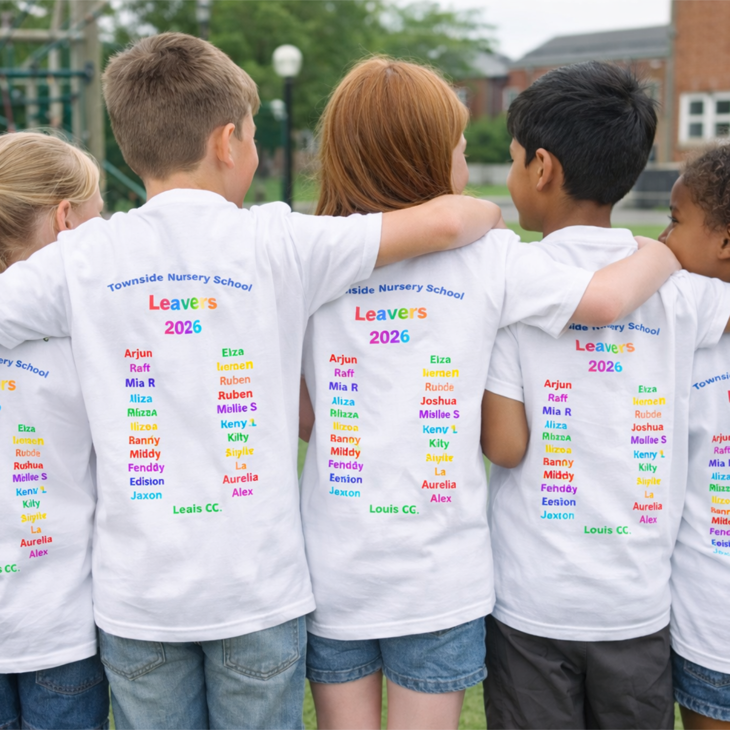 a group of children wearing white leavers t-shirts with the class roll printed on the back in brightly coloured print
