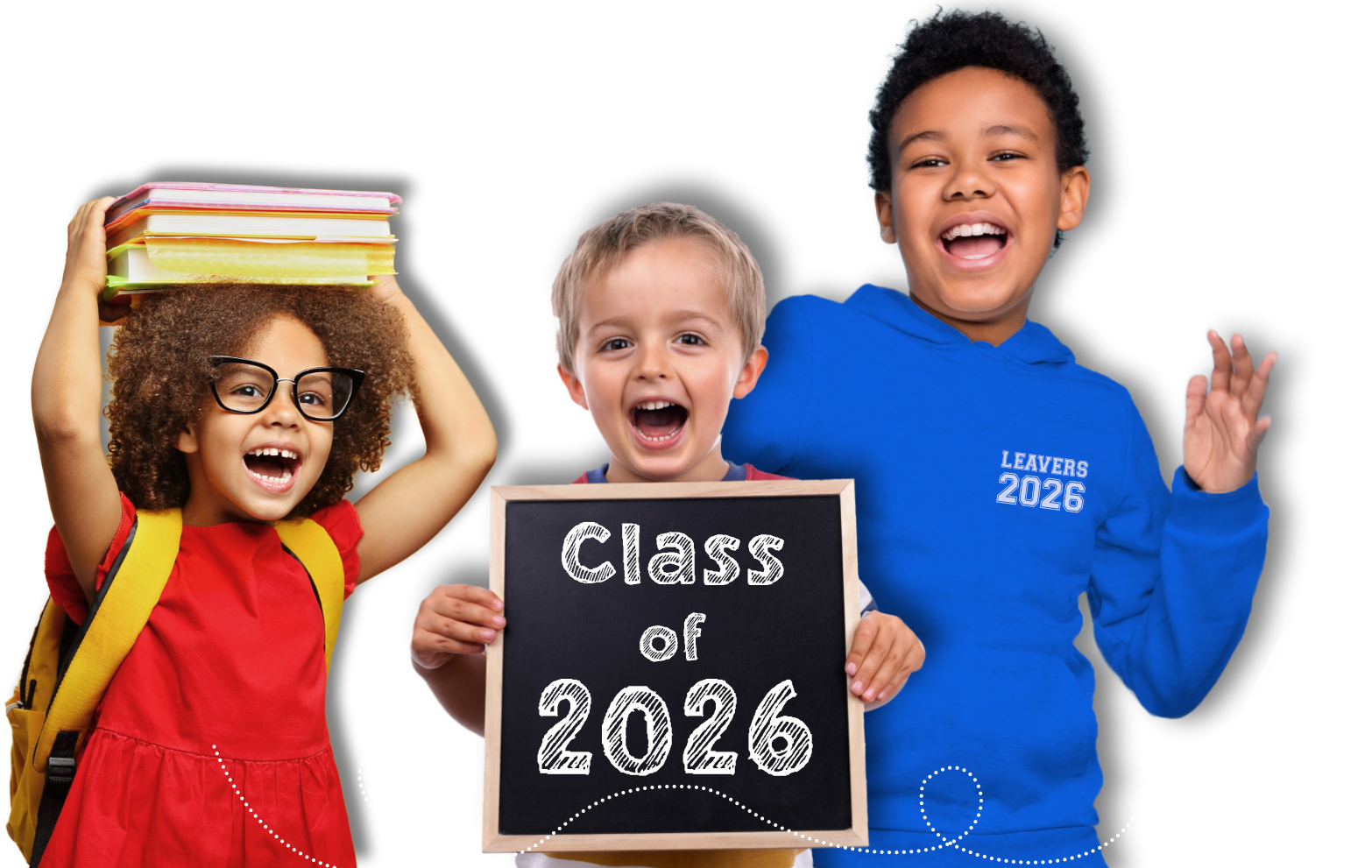 Two school boys and one school girl, smiling and happy, the girl is holding books and one boy holding a chalk written sign "class of 2026"