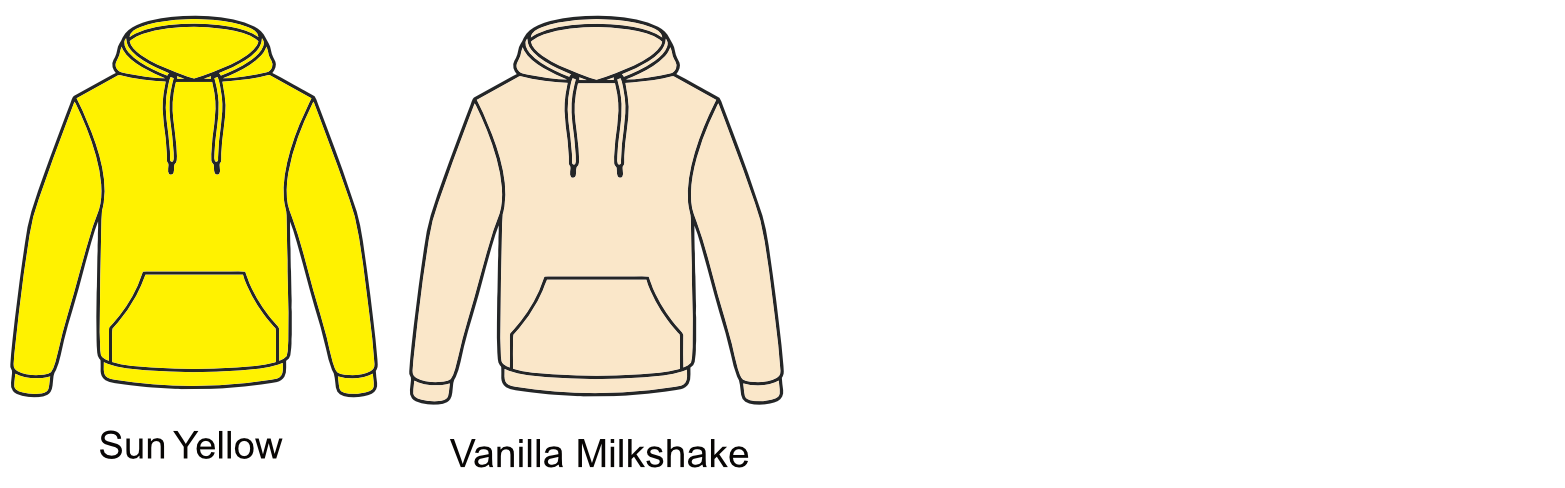 Illustration of two hoodies, one in sun yellow and one in vanilla milkshake, with black outline details and drawstrings.