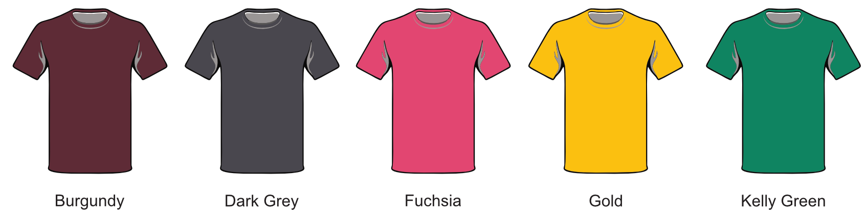 Six T-shirts in different colors, displayed from left to right: burgundy, dark grey, fuchsia, gold, Kelly green, all with matching details on the sleeves.