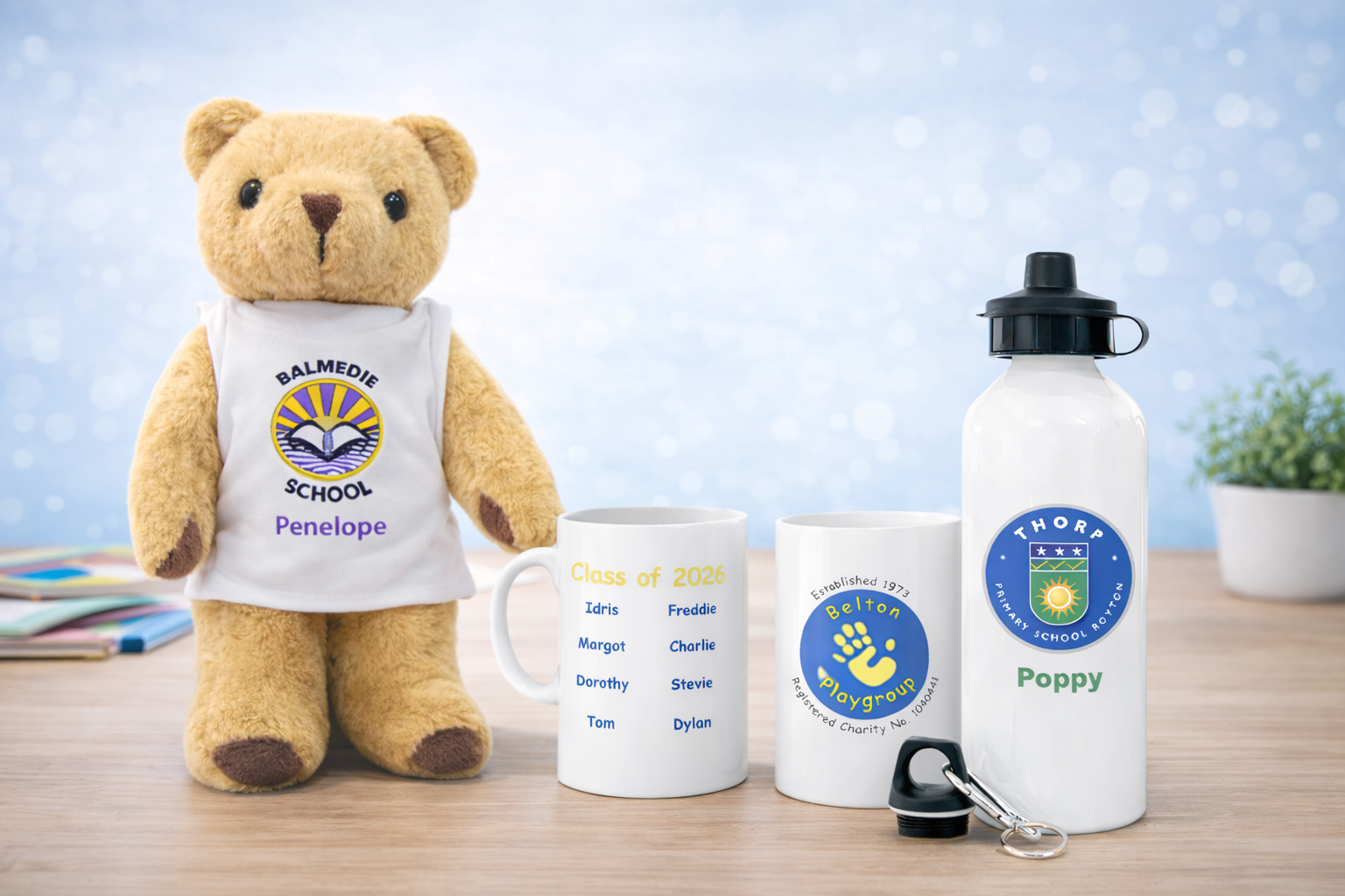 school leavers gifts - teddy, mugs and water bottle printed with school log  and children's names