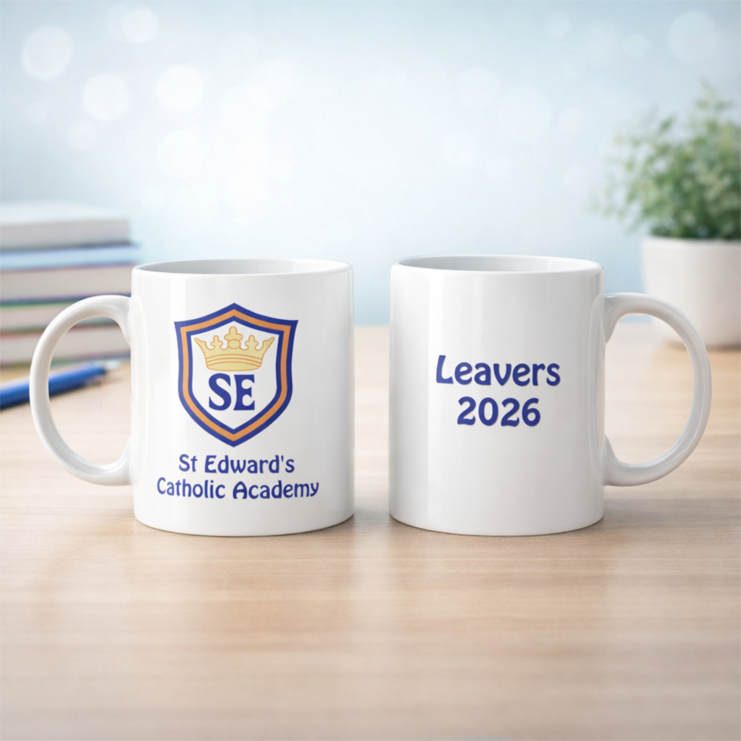 school leavers white ceramic mug, printed with school logo and "leavers 2026"