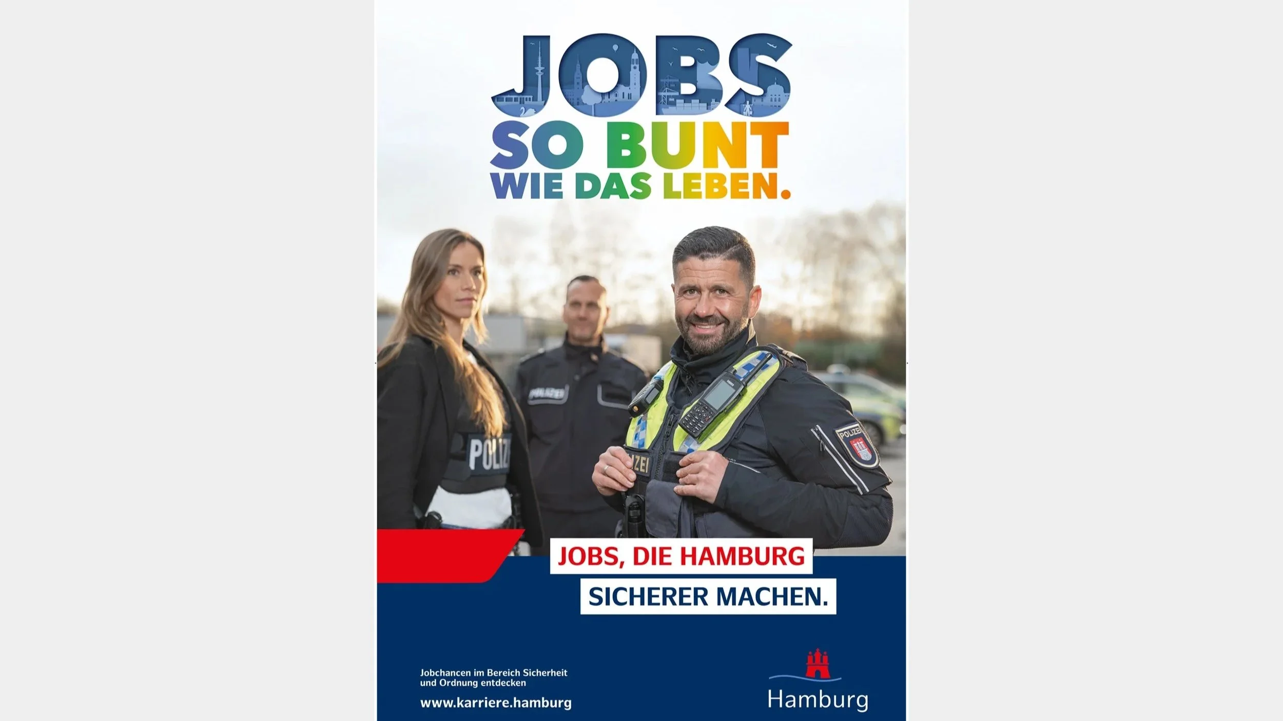 Karrierekampagne der Stadt Hamburg mit Polizei und Feuerwehr: Jobs und Ausbildung für Sicherheit, Rettungsdienst und öffentlichen Dienst.