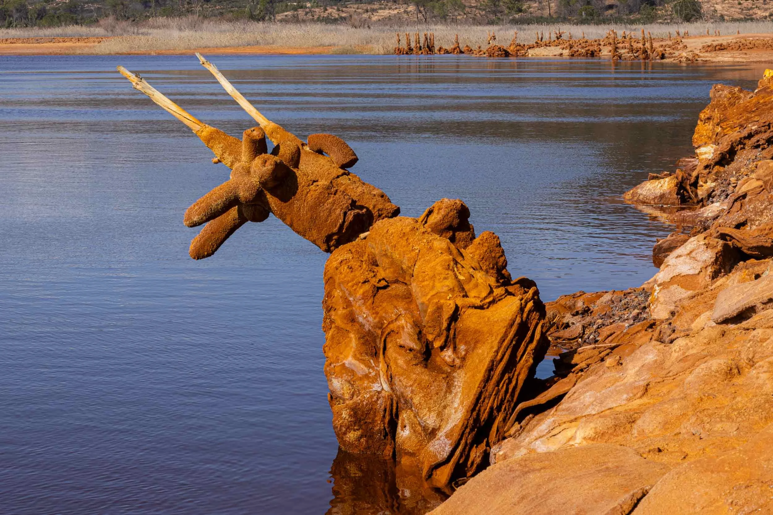 Die Uferlandschaft in Andalusien mit rostfarbenen Felsen am Wasser und einer weitläufigen, ruhigen Szenerie, eingerahmt von Bergen im Hintergrund.