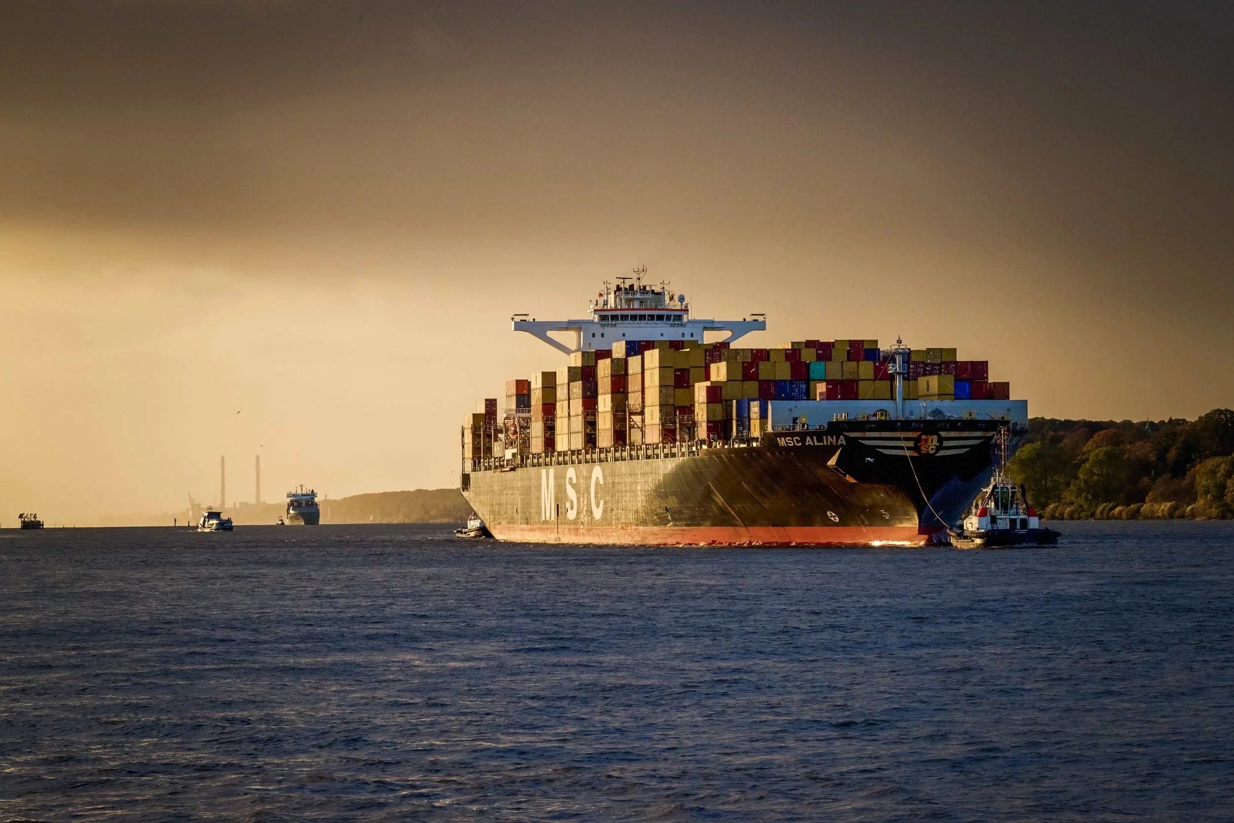 Containerschiff MSC Alina auf der Elbe bei Hamburg mit Schlepperbooten
