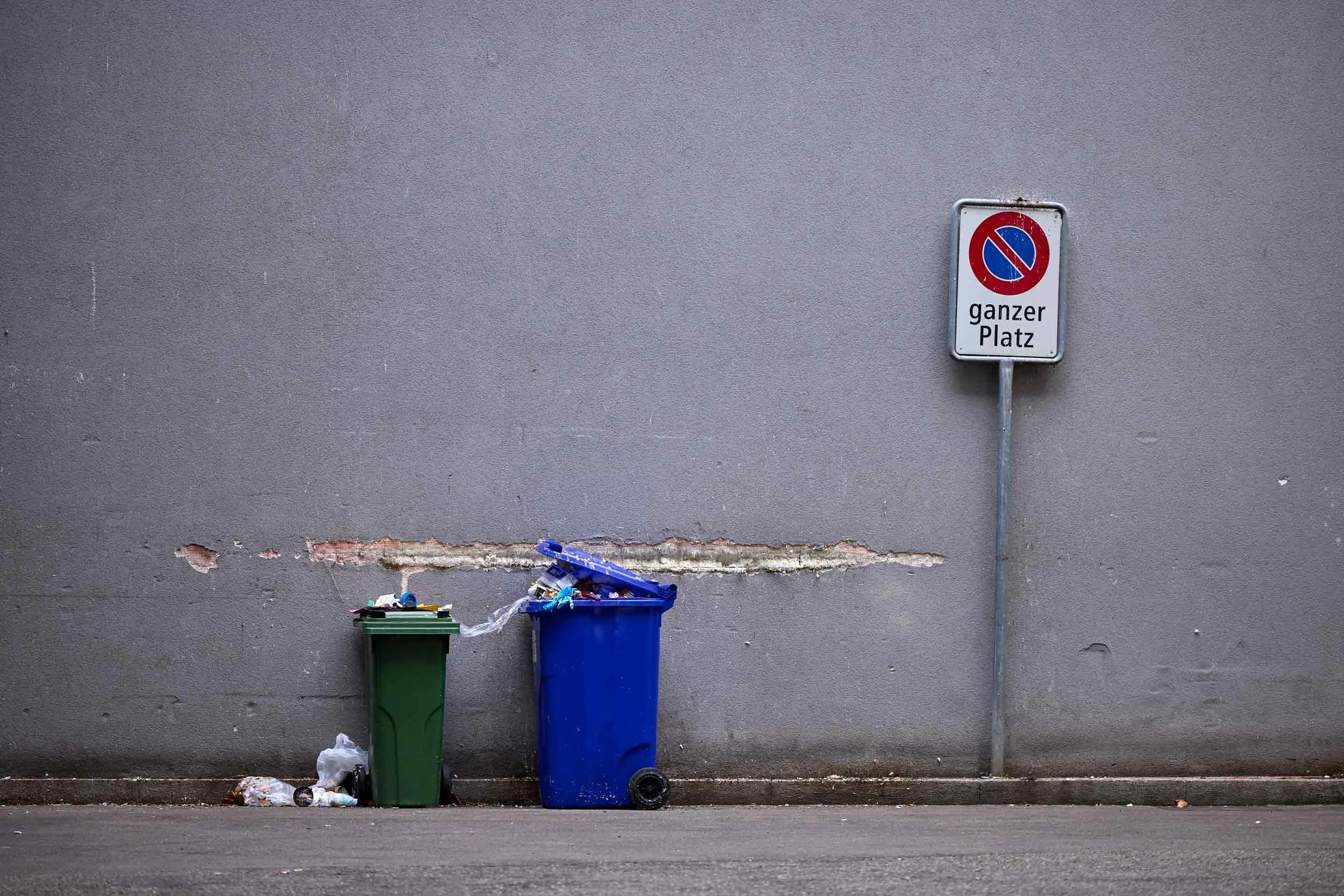 Zwei Mülltonnen stehen am Strassenrand vor einer grauen Wand, daneben ein Halteverbotsschild mit der Aufschrift „ganzer Platz“.