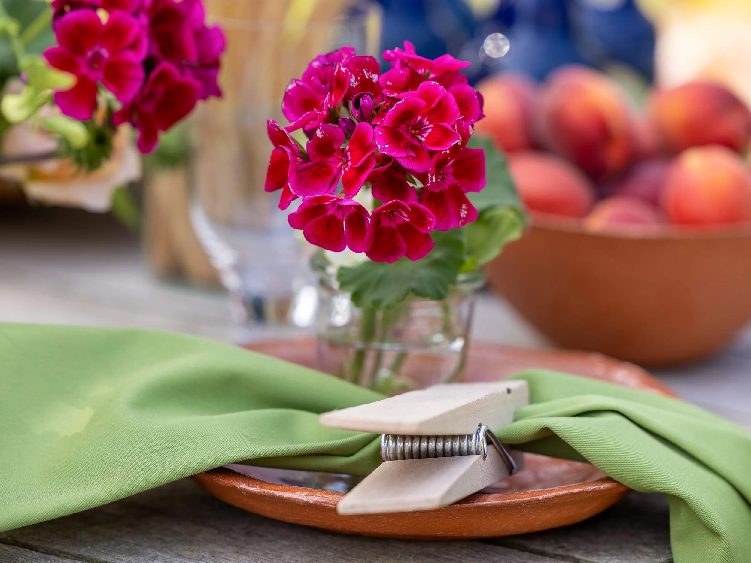 Rote Blumen in kleiner Glasvase auf gedecktem Gartentisch mit grüner Stoffserviette und Teller.