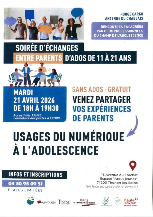 Flyer advertising a parent event on April 21, 2026, from 6:00 PM to 7:30 PM, at 15 Avenue du Forchat, Thonon-les-Bains, focusing on youth digital usage. The event is free and invites parents to share their experiences, with registration info and limited places.