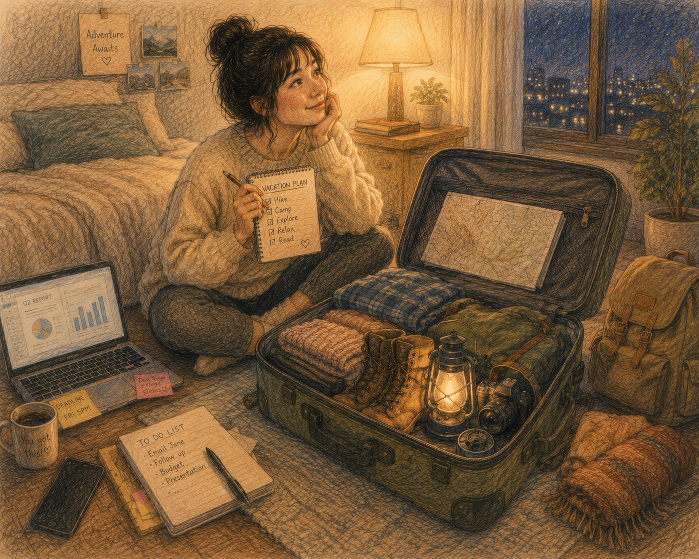 Person packing for vacation while distracted by work responsibilities and unfinished tasks.