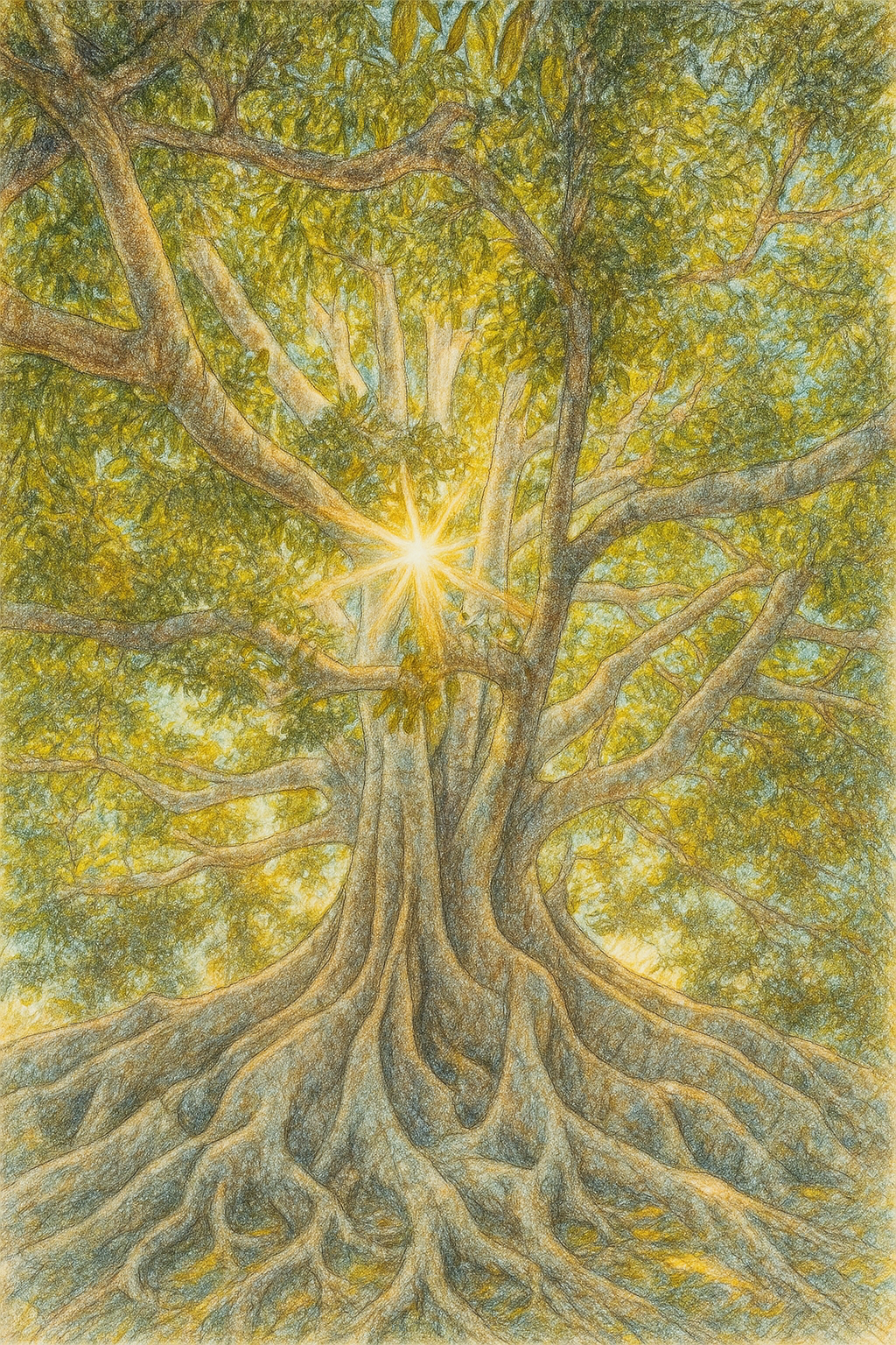 Colored-pencil illustration of a mature tree with intertwined roots representing family, attachment, and culture