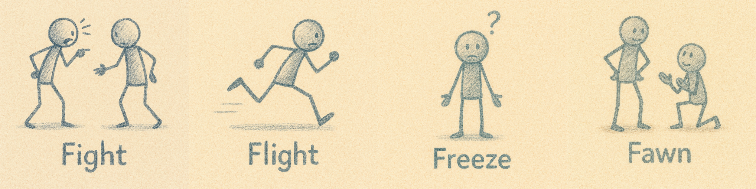 Illustration of the four trauma stress responses: fight, flight, freeze, and fawn