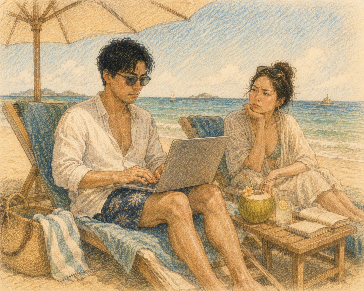 Person working on a laptop at the beach while struggling to relax during vacation.