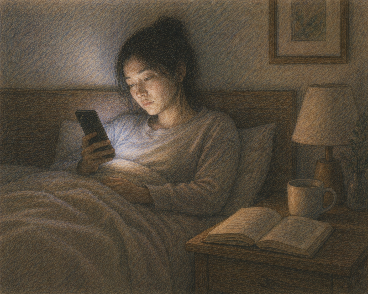 Person sitting in bed late at night, illuminated by a phone, illustrating emotional exhaustion and reflective themes from a Somatic Therapist Bay Area.