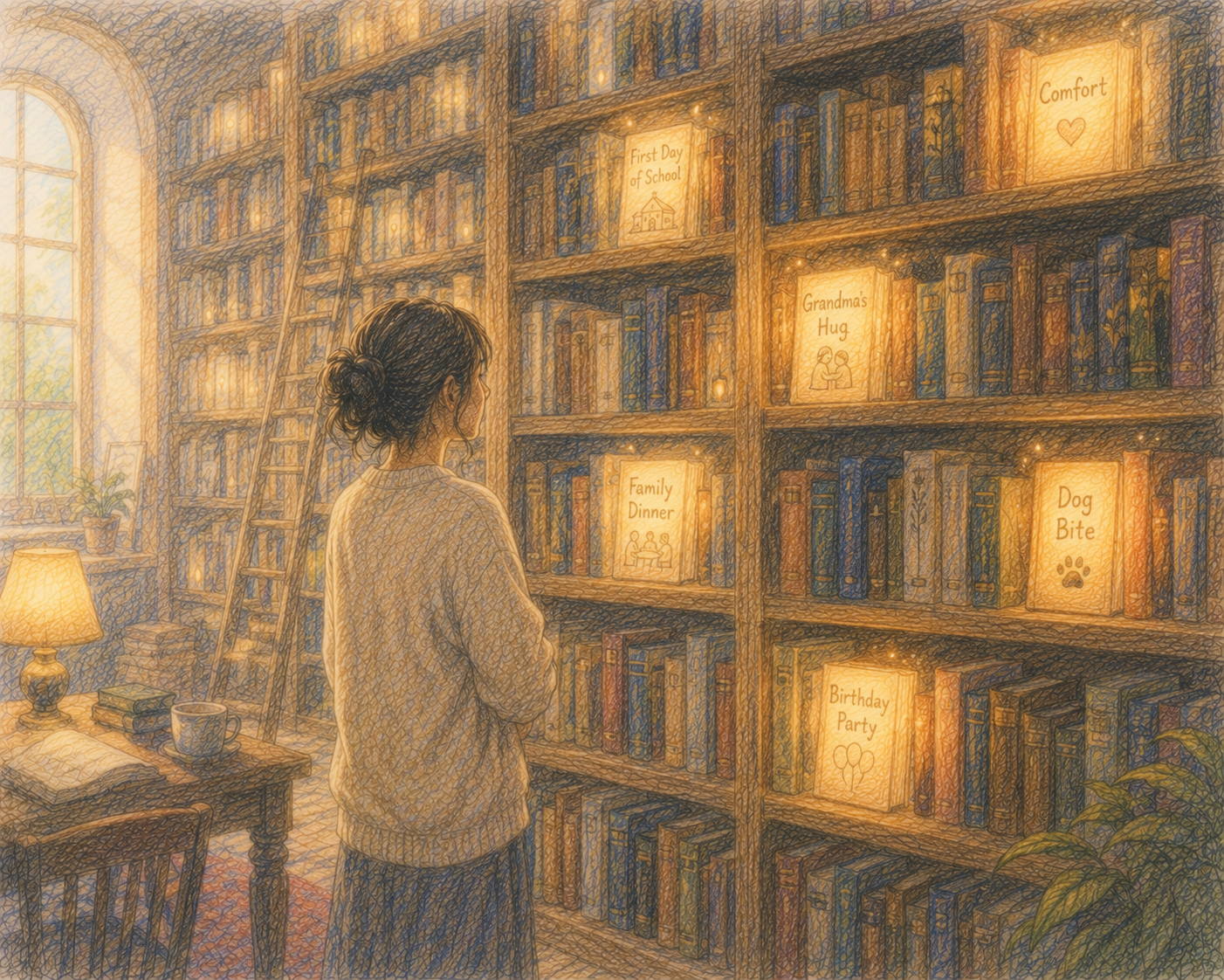 Warm, softly lit bookshelf representing the hippocampus organizing life experiences, somatic therapist Bay Area