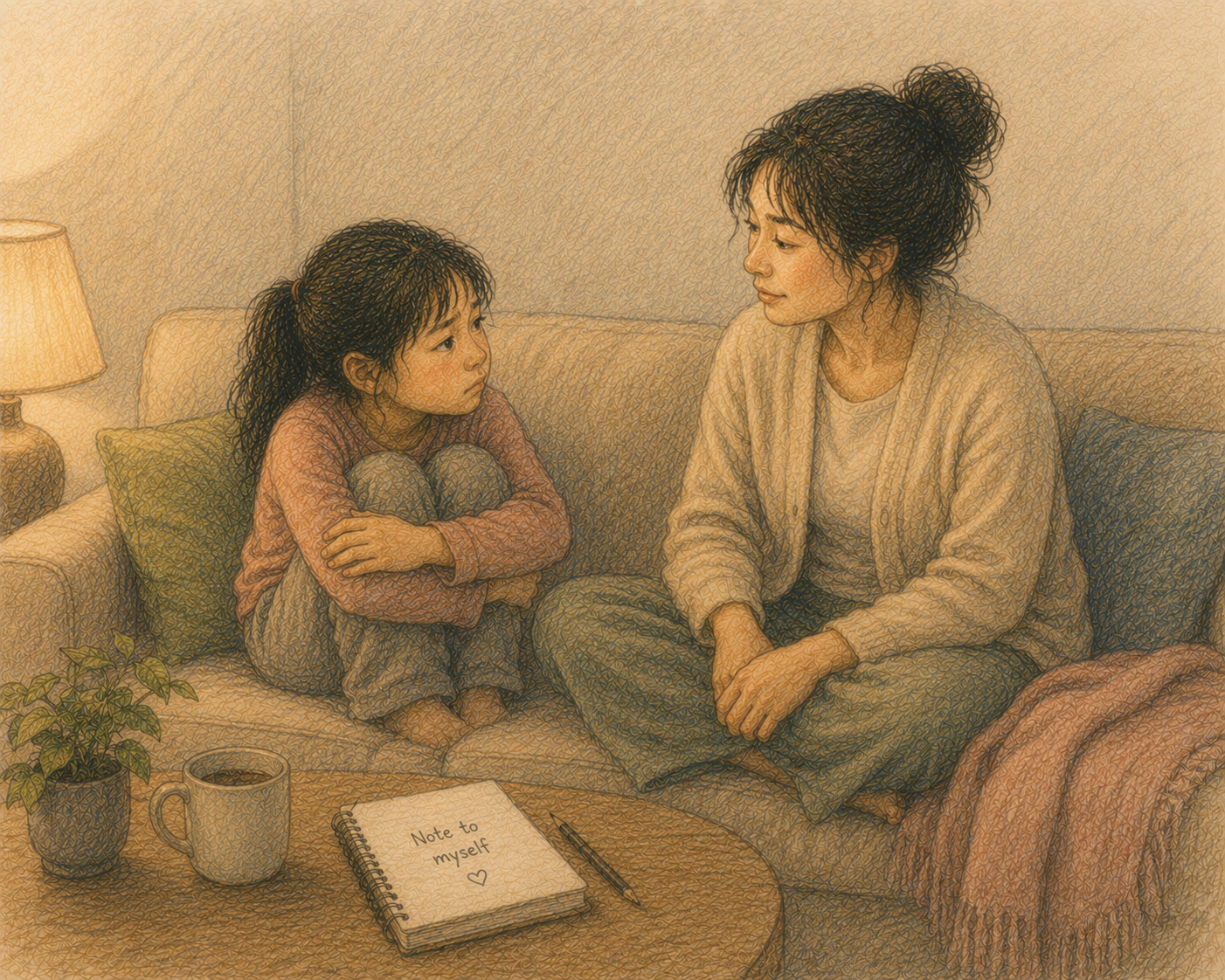 Illustration of self-reflection and compassion toward the emotional motivations beneath achievement.