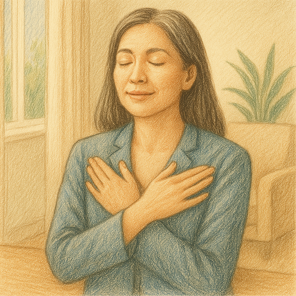 A person using self-soothing techniques to calm their nervous system and process emotional overwhelm from trauma