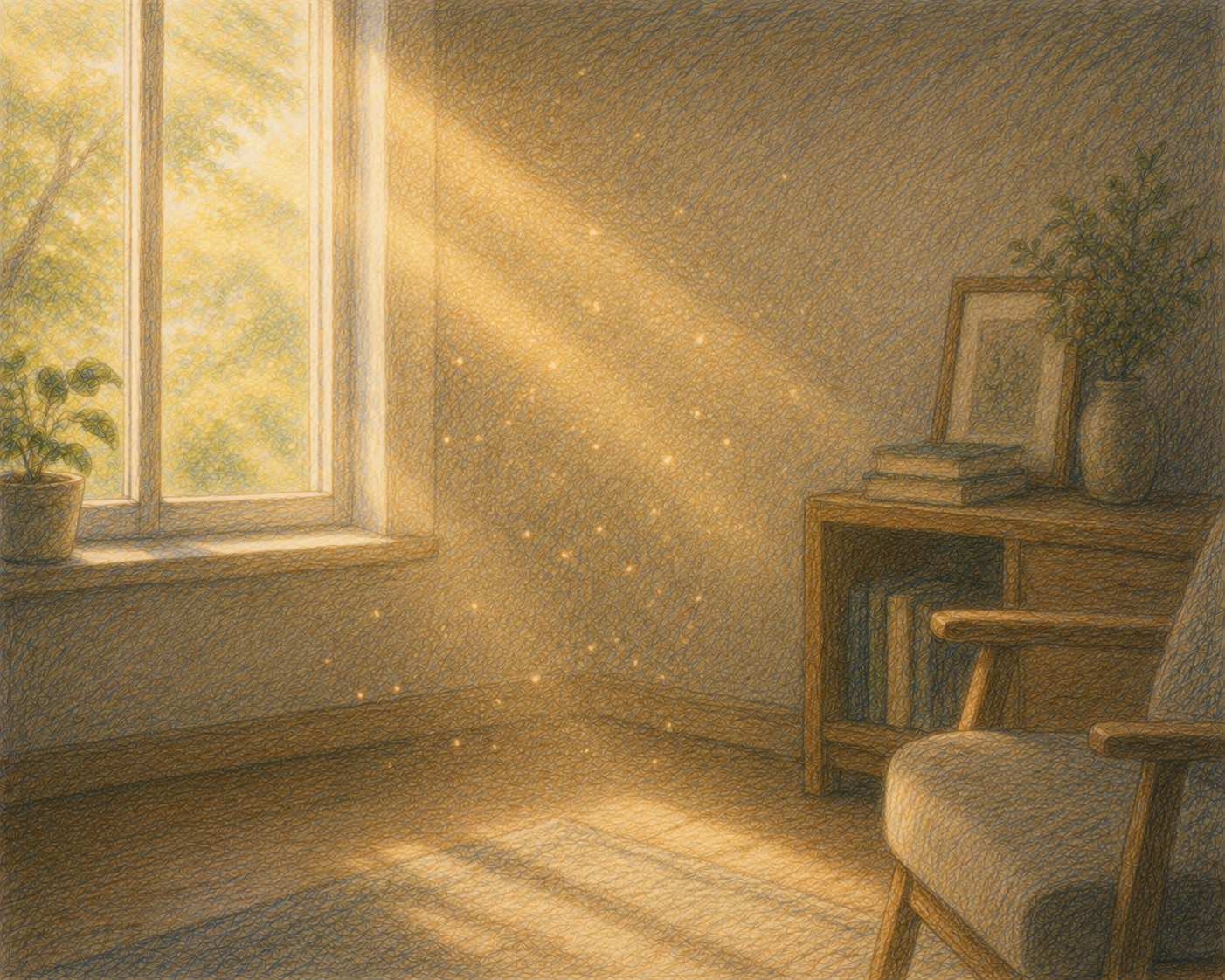 Sunlight illuminating floating dust particles as a metaphor for awareness emerging in quiet moments.