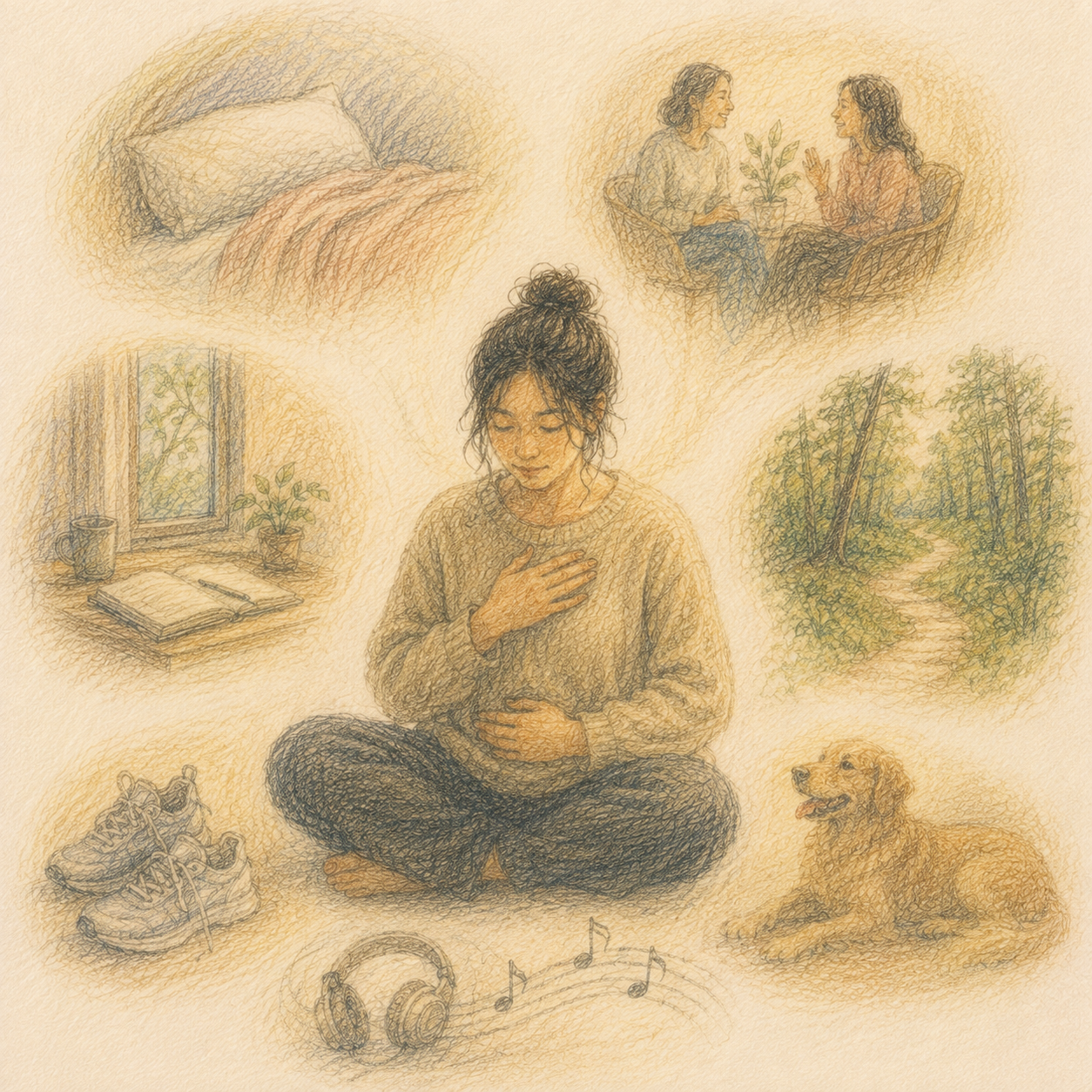 Person practicing somatic awareness while reflecting on physical rest, connection, inner space, and restorative activities.