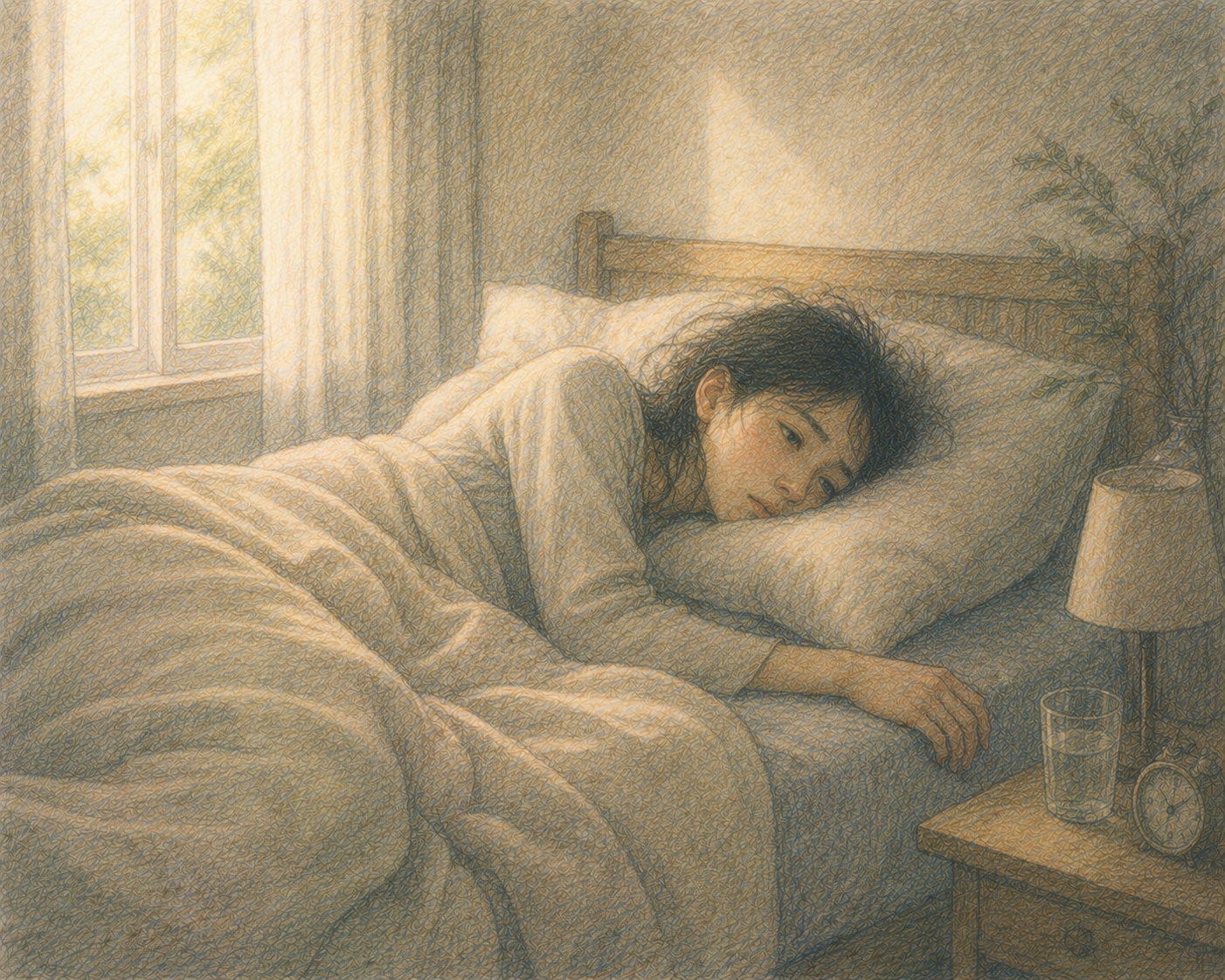 Person lying in bed just after waking, appearing exhausted despite a long night's sleep, somatic therapist Bay Area