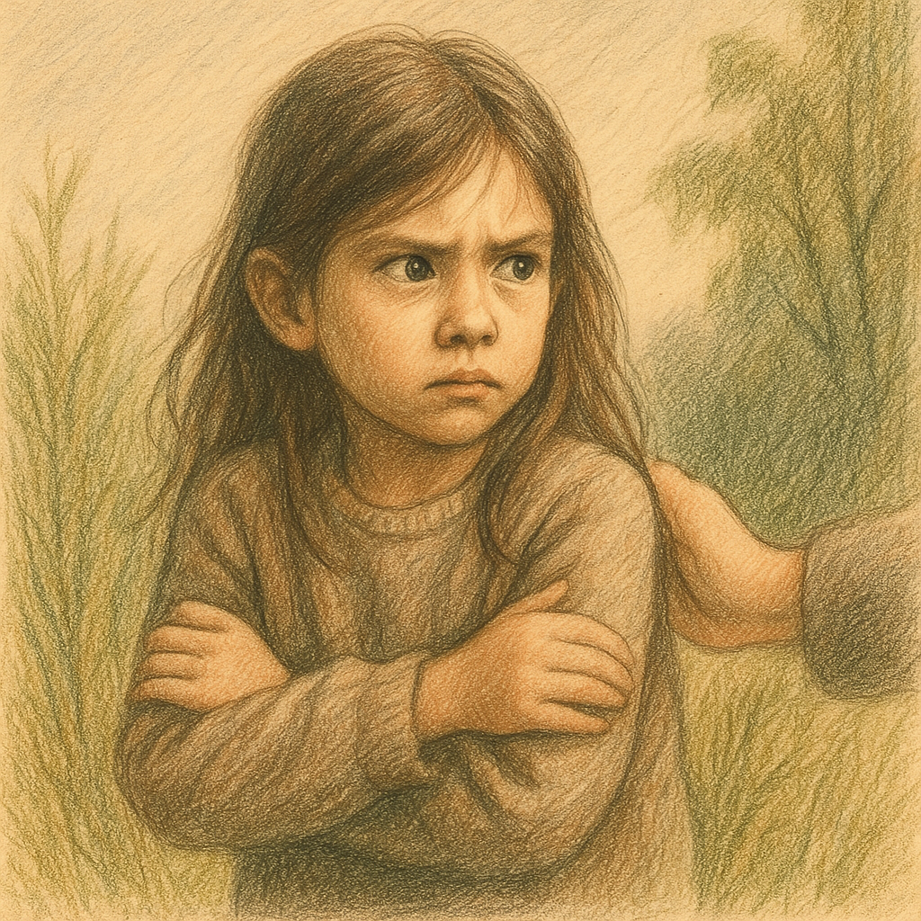 A hypervigilant girl scanning her environment, showing early signs of trauma response and nervous system activation