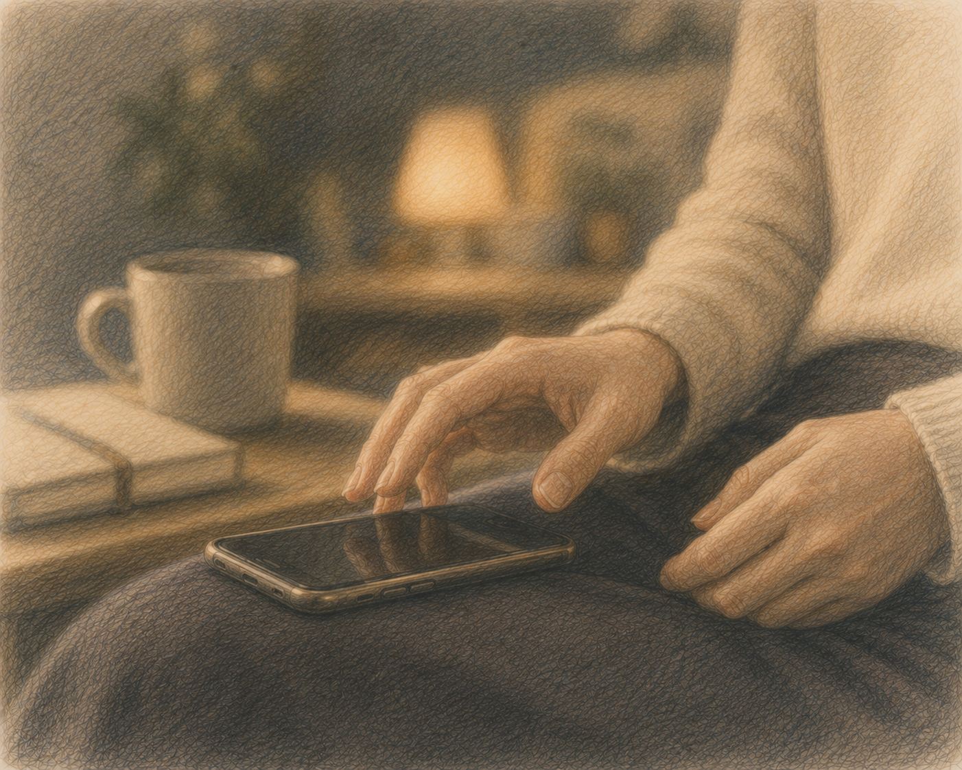 Close-up of a hand hesitating before picking up a phone, illustrating somatic awareness and emotional regulation.
