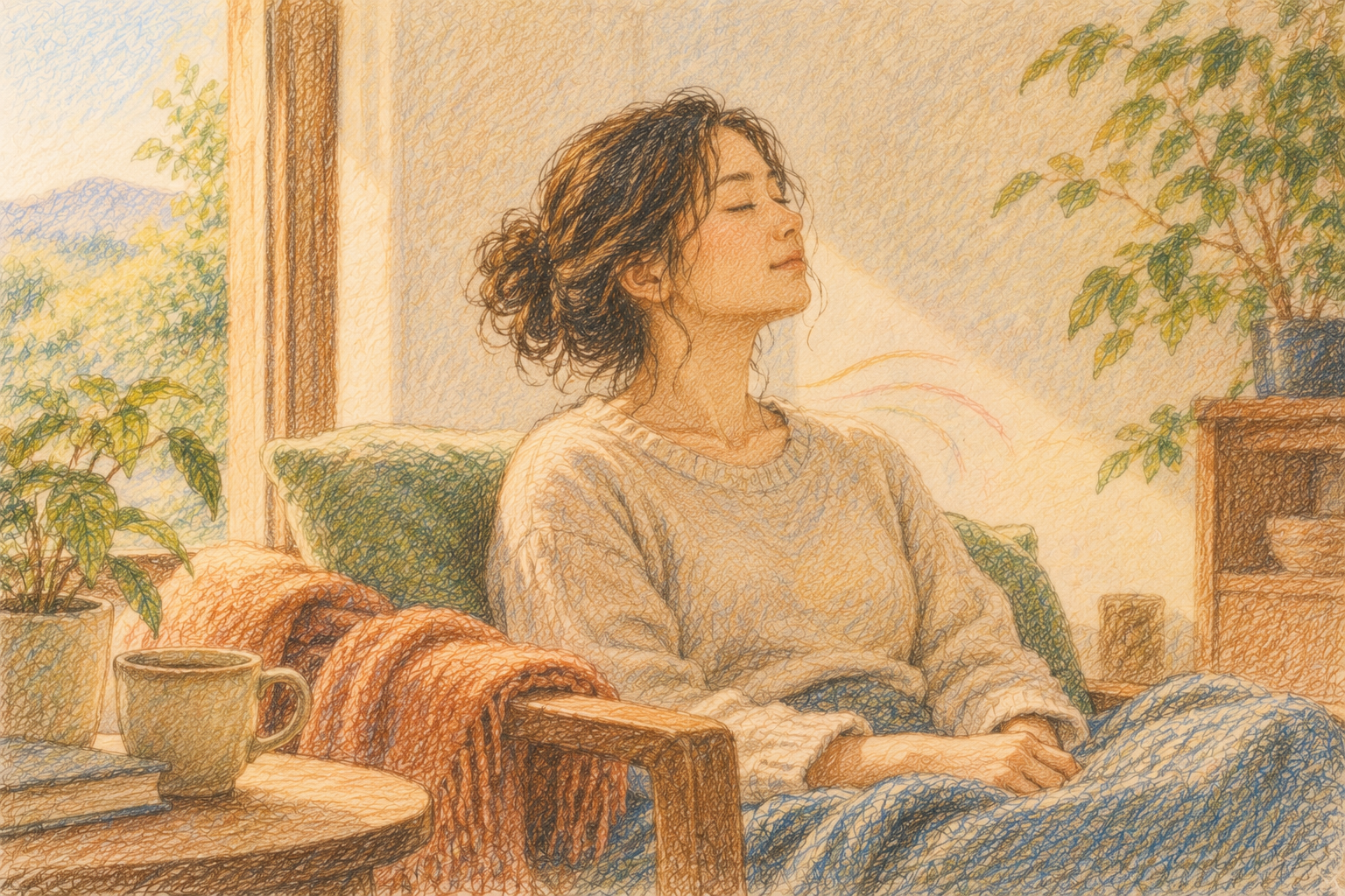 Colored-pencil illustration of a person with relaxed shoulders and gentle lines around the chest suggesting breath and release