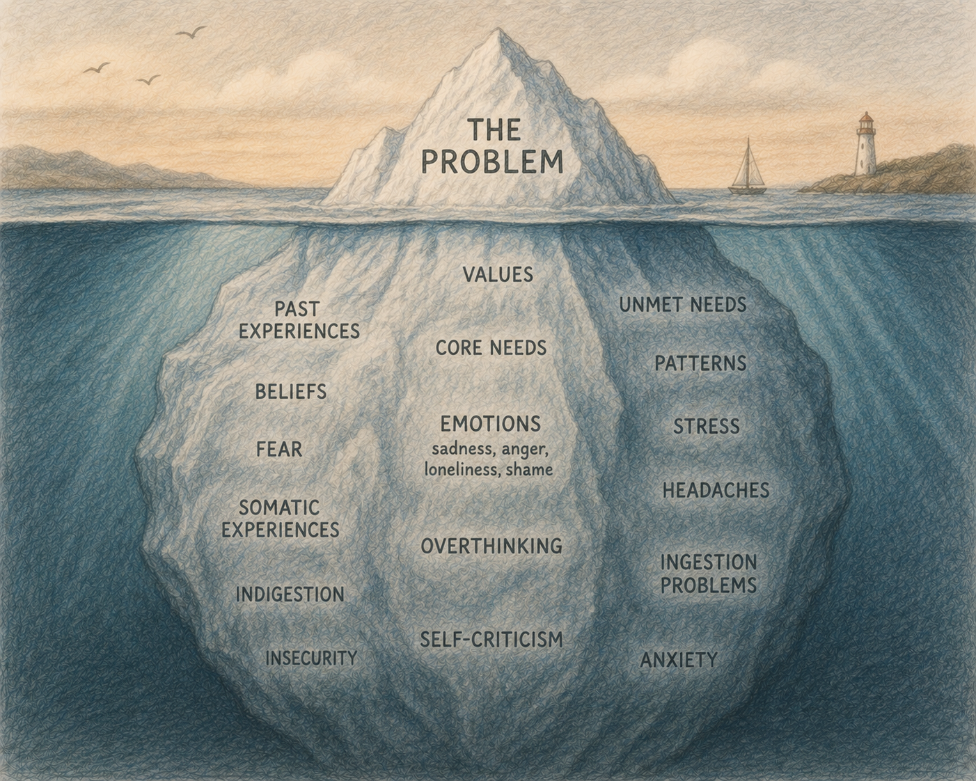 Visual representation of emotional experiences and past influences hidden beneath an apparent problem.