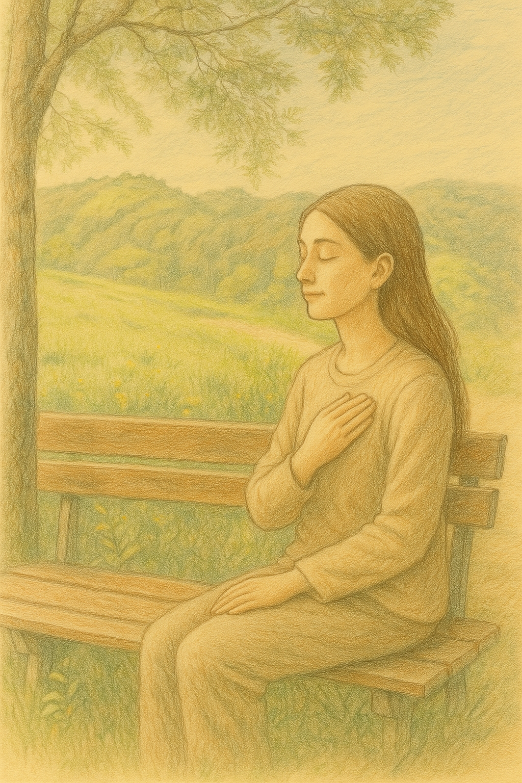 Client practicing mindfulness and self-connection in a healing outdoor space